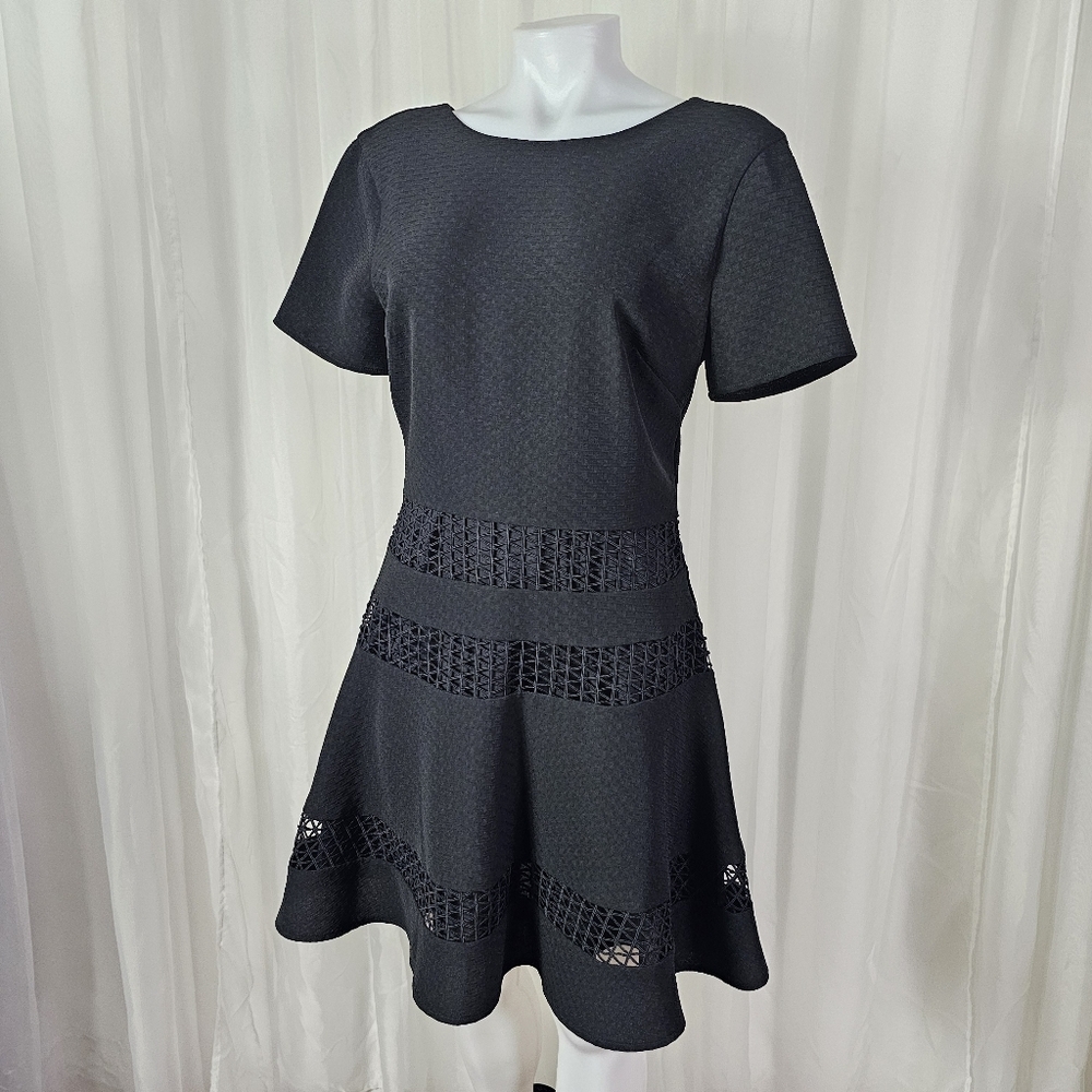 Chelsea28 Black Fit & Flare Dress Mixed Media Crochet V-Back Size Medium